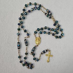 Gold-Plated Blue Crystal Rosary Necklace